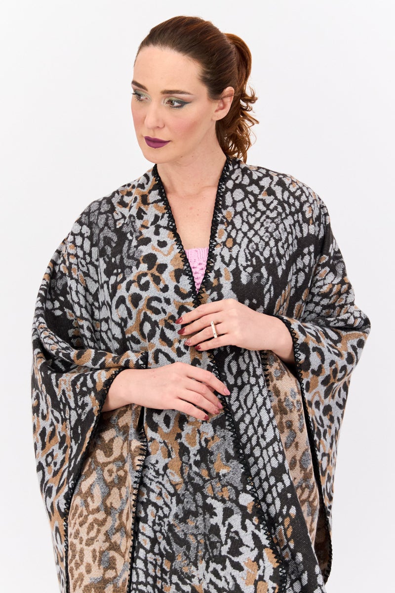 HALSTON Women Snakeskin Print Poncho Sweater, Black  - Image 2
