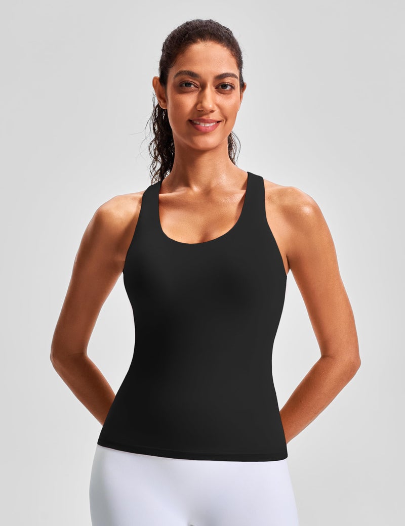 JOYSPELS Workout Tank Top with Built-in Bra for Women â€“ Cross Back Athletic Yoga Tops Breathable Stretchy Sports Camisole for Gym Pilates Black - Image 2