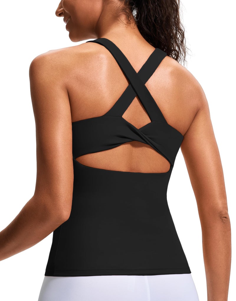 JOYSPELS Workout Tank Top with Built-in Bra for Women â€“ Cross Back Athletic Yoga Tops Breathable Stretchy Sports Camisole for Gym Pilates Black - Image 1