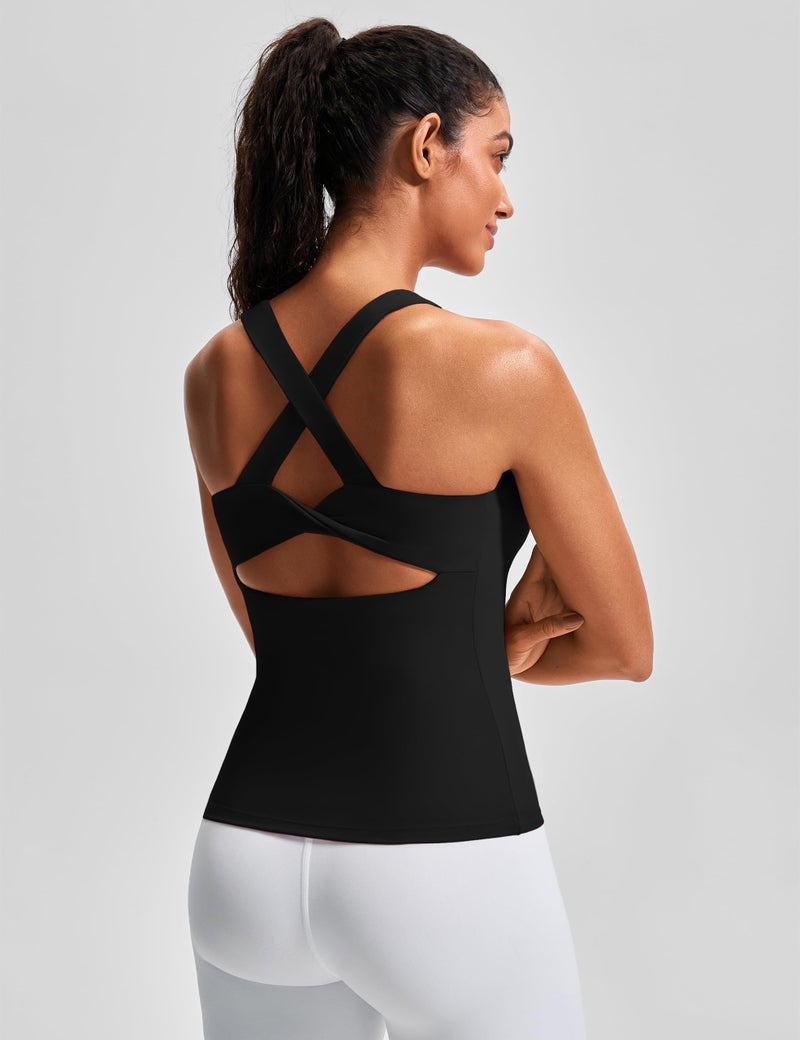 JOYSPELS Workout Tank Top with Built-in Bra for Women â€“ Cross Back Athletic Yoga Tops Breathable Stretchy Sports Camisole for Gym Pilates Black - Image 4