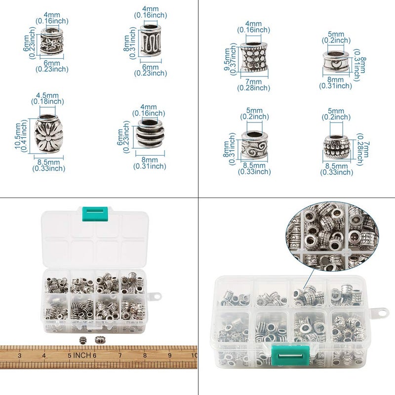 Craftdady 190Pcs Antique Silver Spacer Beads 8 Styles Tibetan Large Hole Column Tube Barrel Metal Charm Beads Hole: 4-5mm Fit European Charm Snake Chain Bracelet Jewelry Making - Image 4