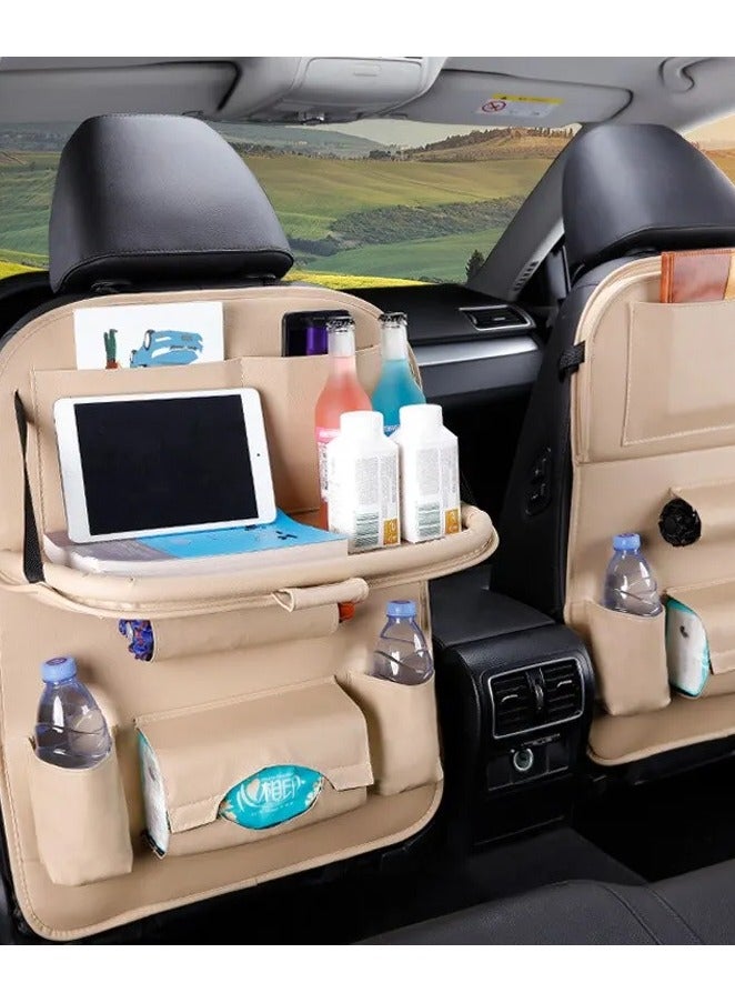 AROAQ Car Seat Back Organizer with Foldable Table Tray - PU Leather Storage & Kick Mats - Image 1