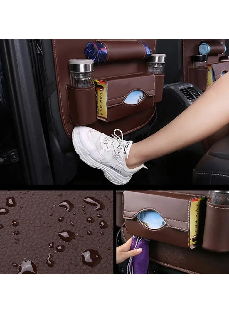 AROAQ Car Seat Back Organizer with Foldable Table Tray - PU Leather Storage & Kick Mats - Image 3