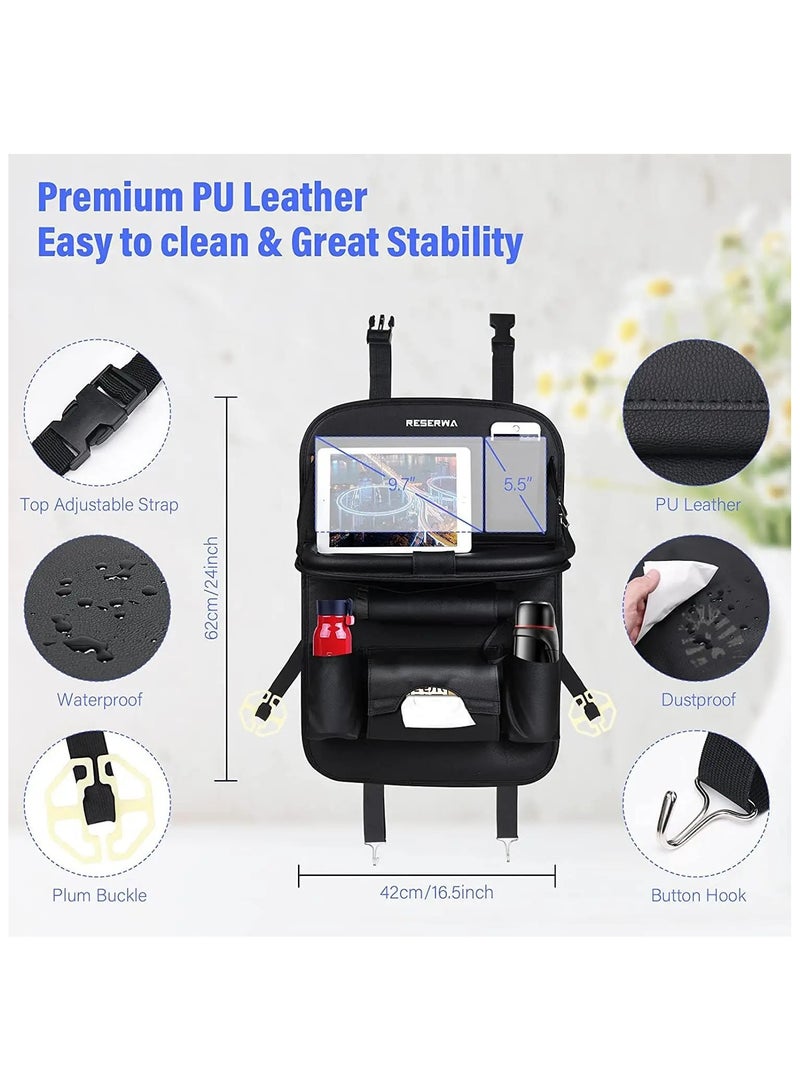 AROAQ Car Seat Back Organizer with Foldable Table Tray - PU Leather Storage & Kick Mats - Image 4