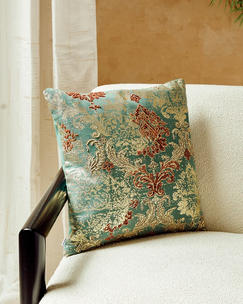 REDTAG Teal Embroidered Foil Print Cushion