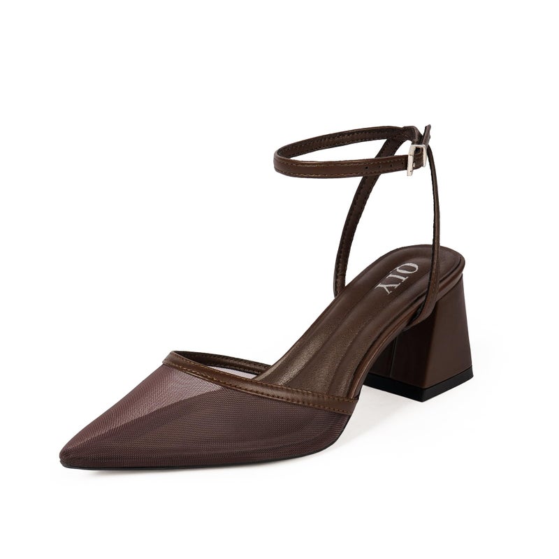 QIY Mesh Heels for Women Closed Toe Brown Heels Women Pointed Toe Dark Brown Strappy Mesh Heel Pumps Pointy Sling Back Slingback Low Short Chunky Block Heel Wedding Dress Shoes Size 10 - Image 1