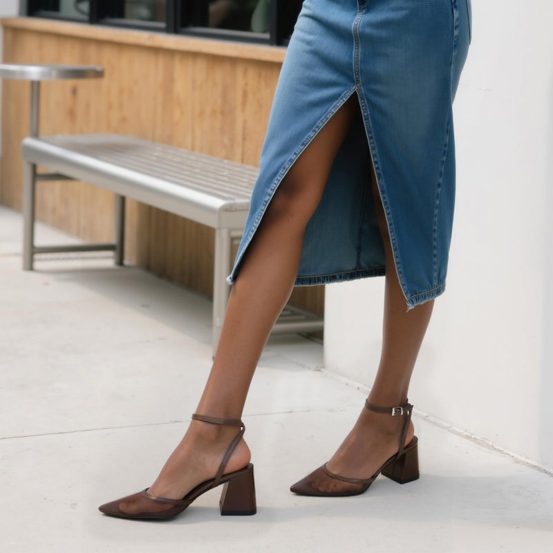 QIY Mesh Heels for Women Closed Toe Brown Heels Women Pointed Toe Dark Brown Strappy Mesh Heel Pumps Pointy Sling Back Slingback Low Short Chunky Block Heel Wedding Dress Shoes Size 10 - Image 2