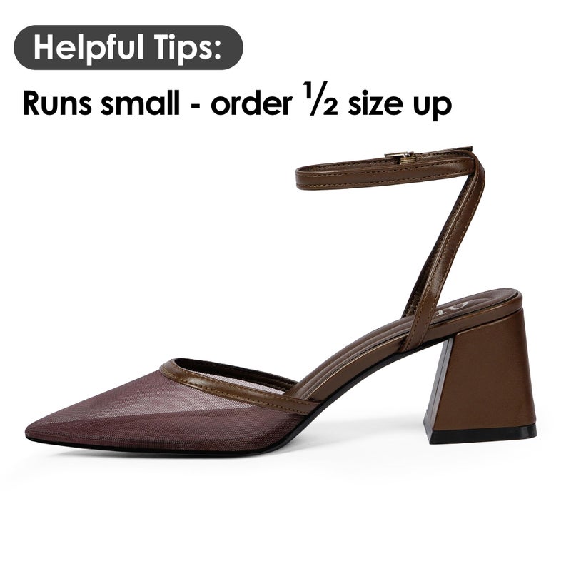 QIY Mesh Heels for Women Closed Toe Brown Heels Women Pointed Toe Dark Brown Strappy Mesh Heel Pumps Pointy Sling Back Slingback Low Short Chunky Block Heel Wedding Dress Shoes Size 10 - Image 4