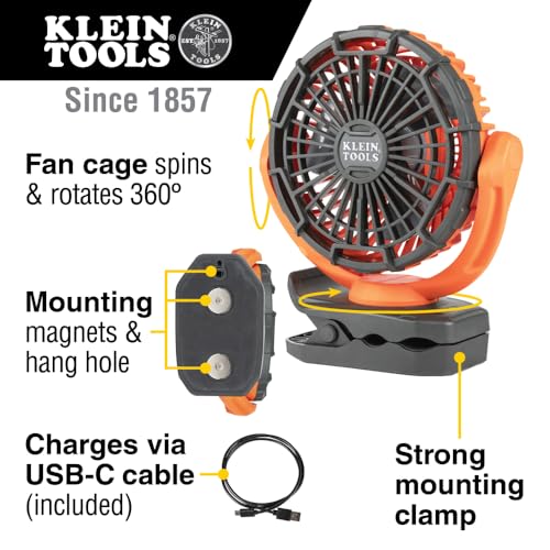 Klein Tools PJSFM1 Cordless Rechargeable Fan with USB-C Charging Cord and Multiple Mounting Options Perfect for the Jobsite - Image 2