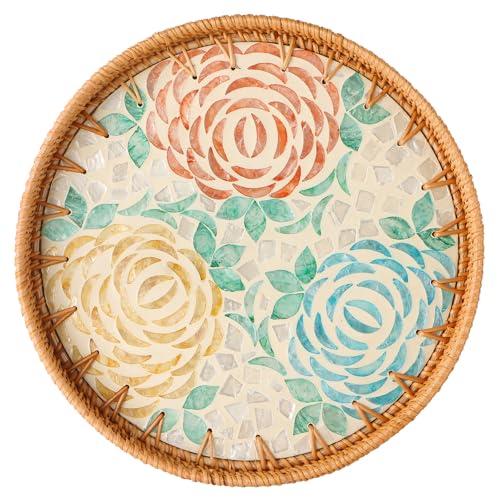 Aayoruro Round Rattan Tray with Mother of Pearl Inlay Decorative Wicker Serving Tray with Wooden Base Woven Basket Trays for Bread Fruits Coffee Peony - Image 1