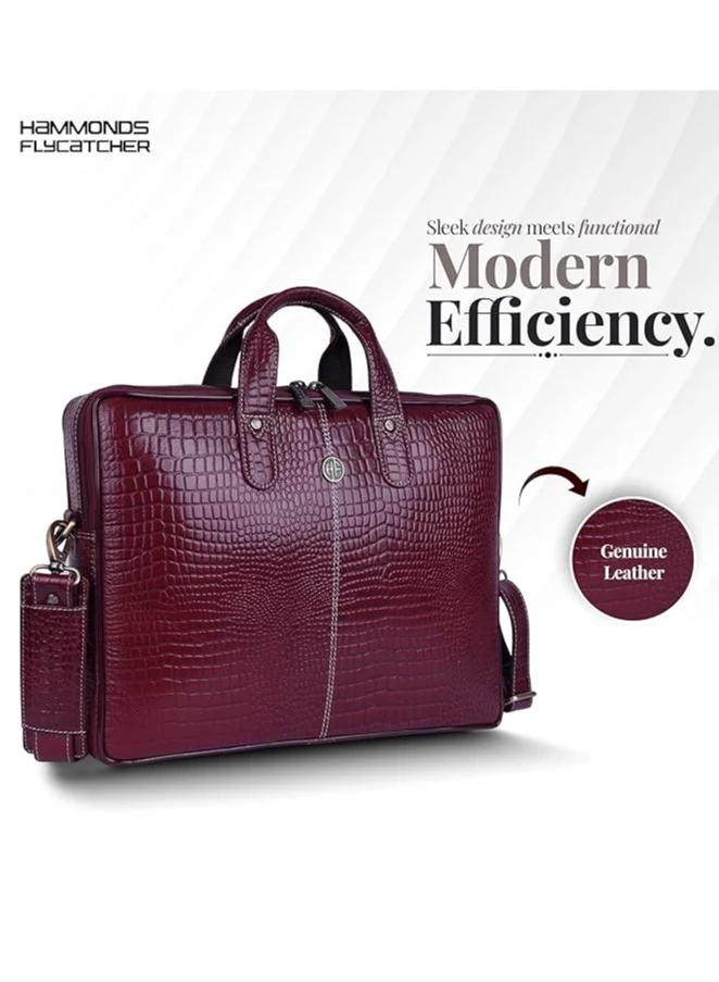 HAMMONDS FLYCATCHER Genuine Leather Office Bag for Men - 15.6 Inch Laptop Bag for Men for Professionals, Business Travelers - Adjustable Straps & Multiple Compartments - CROC MAROON