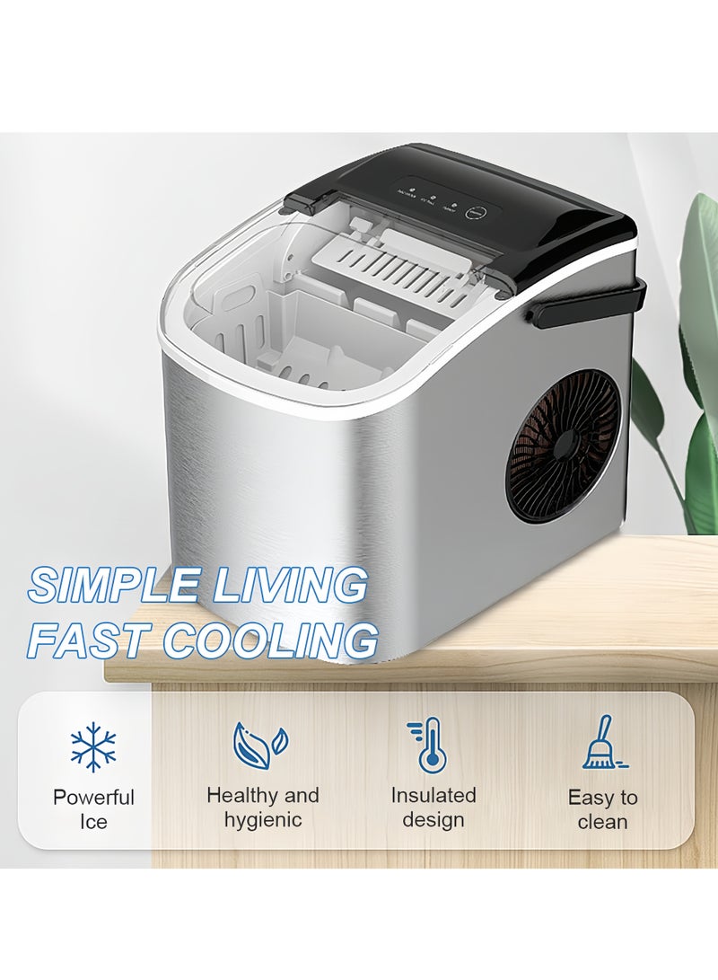 ايتي لايف آلة صنع الثلج على سطح الطاولة مع مقبض، آلة صنع ثلج ذاتية التنظيف مع مغرفة وسلة، 9 مكعبات في 7-9 دقائق، 12 كجم/24 ساعة، خزان مياه 1.2 لتر، سعة سلة ثلج 0.6 لتر، 95 وات، آلة صنع ثلج صغيرة محمولة للمنزل والمطبخ والمكتب والحفلات، BH-14، فضي - Image 4