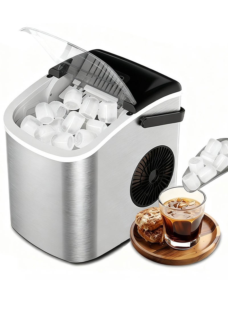 ايتي لايف آلة صنع الثلج على سطح الطاولة مع مقبض، آلة صنع ثلج ذاتية التنظيف مع مغرفة وسلة، 9 مكعبات في 7-9 دقائق، 12 كجم/24 ساعة، خزان مياه 1.2 لتر، سعة سلة ثلج 0.6 لتر، 95 وات، آلة صنع ثلج صغيرة محمولة للمنزل والمطبخ والمكتب والحفلات، BH-14، فضي - Image 1