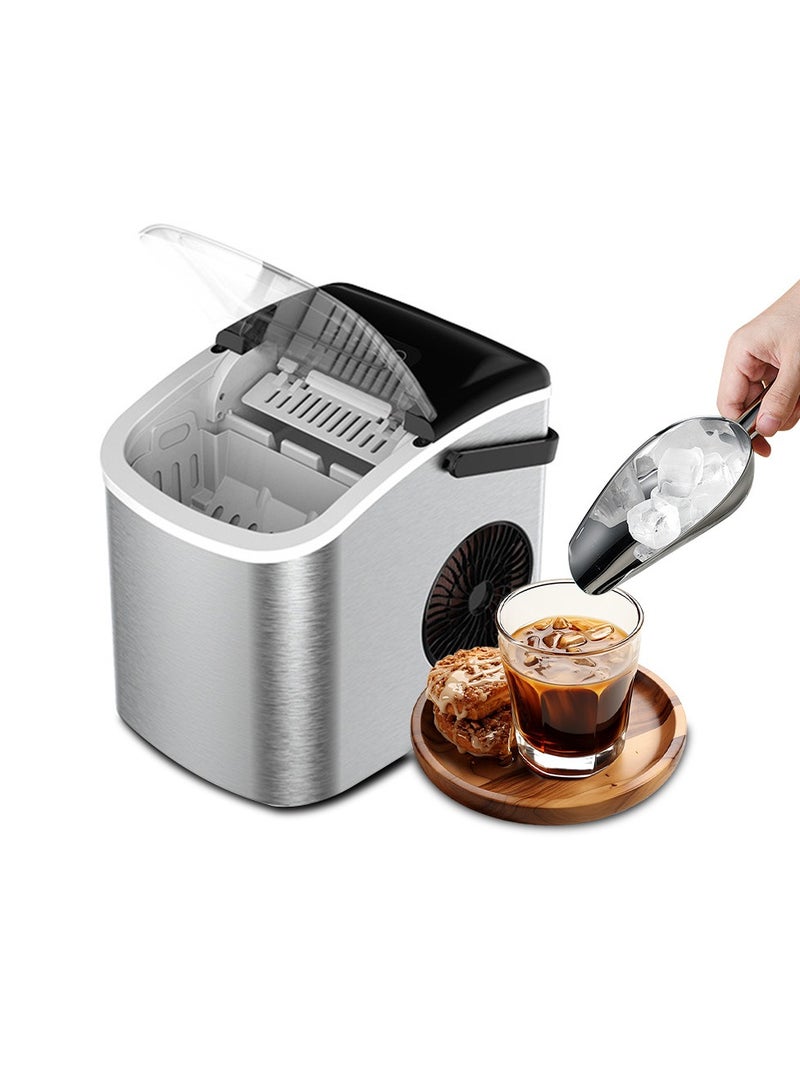 ET-LIFE Ice Maker Countertop with Handle, Self-Cleaning Ice Maker with Scoop and Basket, 9 Cubes in 7-9 Mins, 12Kg/24H, 1.2L Water Tank, 0.6L Ice Basket Capacity, 95W, Portable Small Ice Machine for Home kitchen Office Party, BH-14, Silver  - Image 1