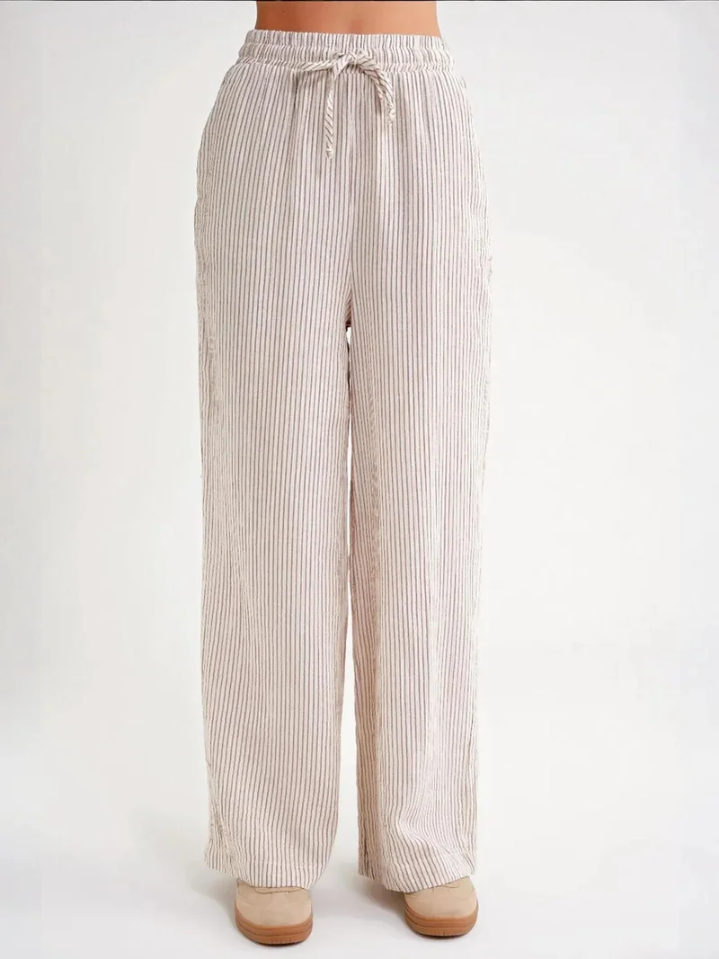 MixRay Coffee Brown Mixray High Waist Striped Drawstring Pants for Women | Best Price UAE