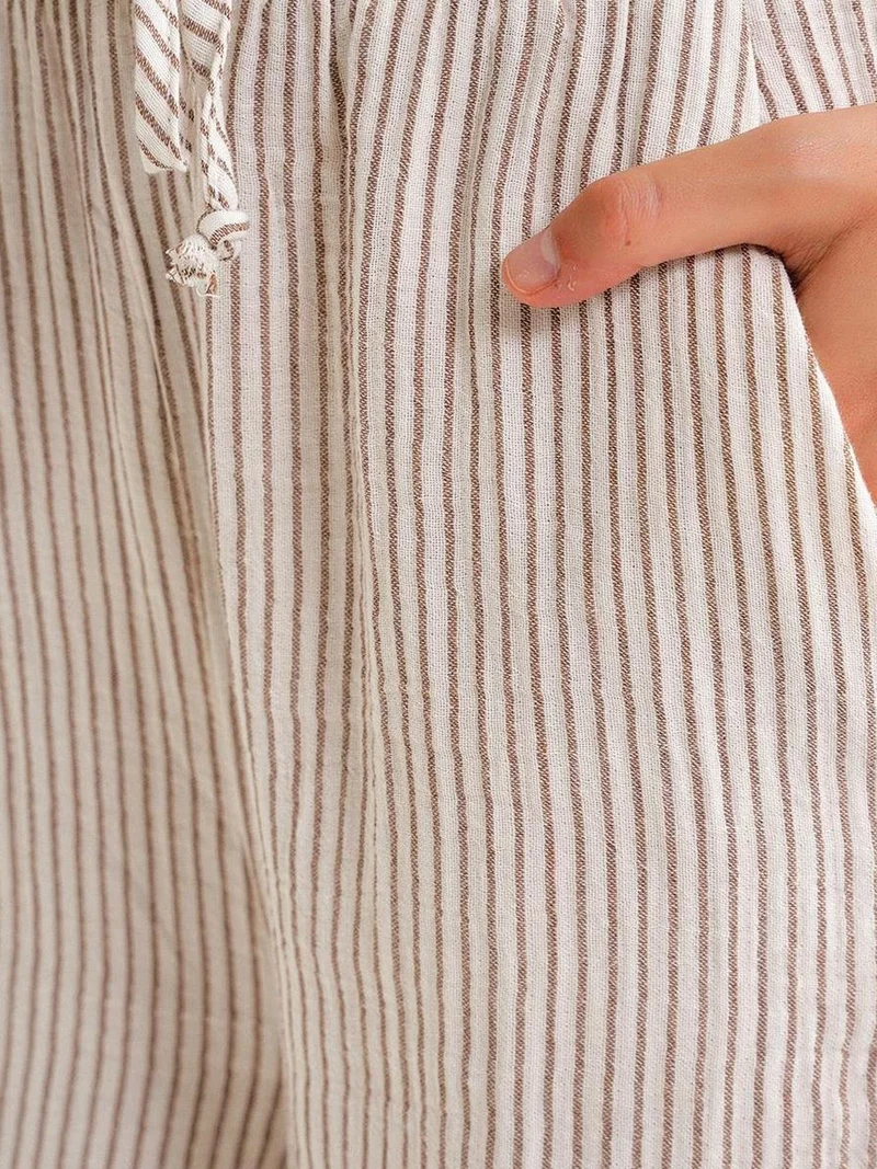 MixRay Coffee Brown Mixray High Waist Striped Drawstring Pants for Women | Best Price UAE
