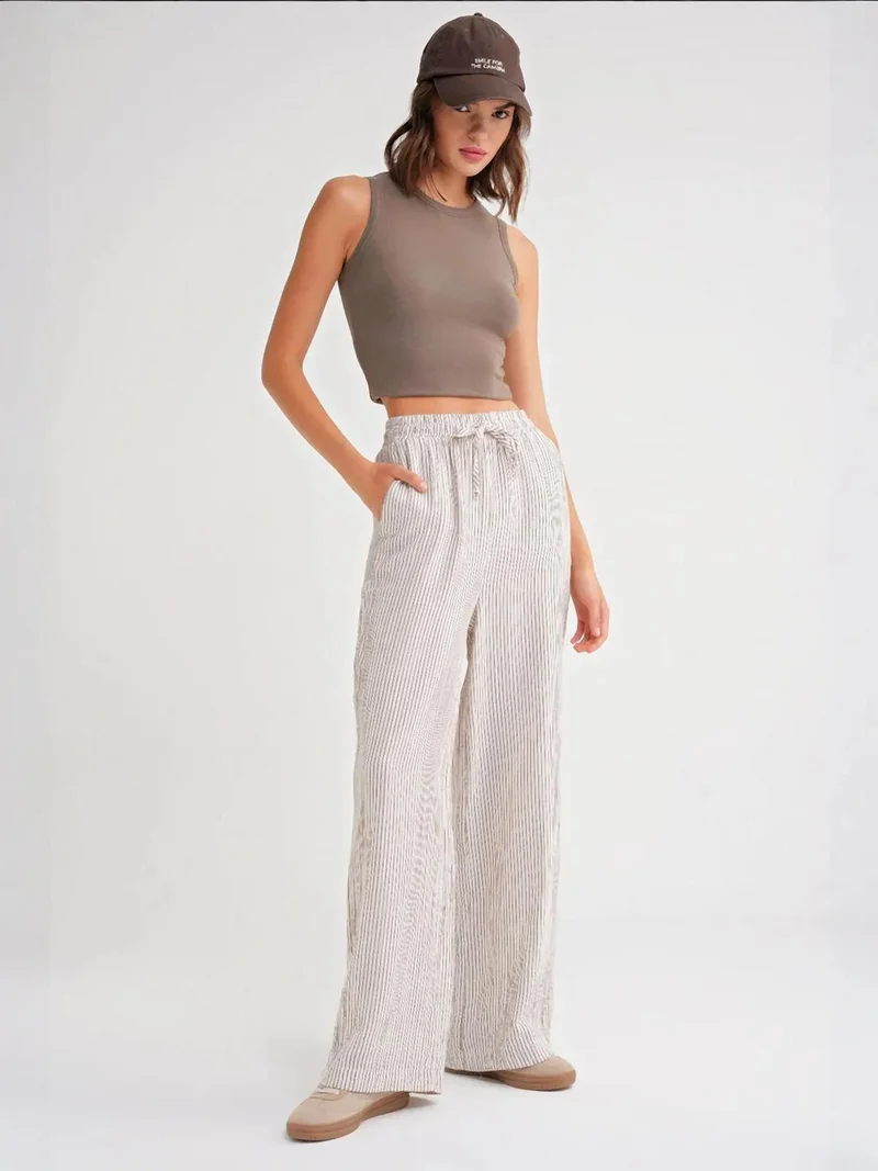 MixRay Coffee Brown Mixray High Waist Striped Drawstring Pants for Women | Best Price UAE