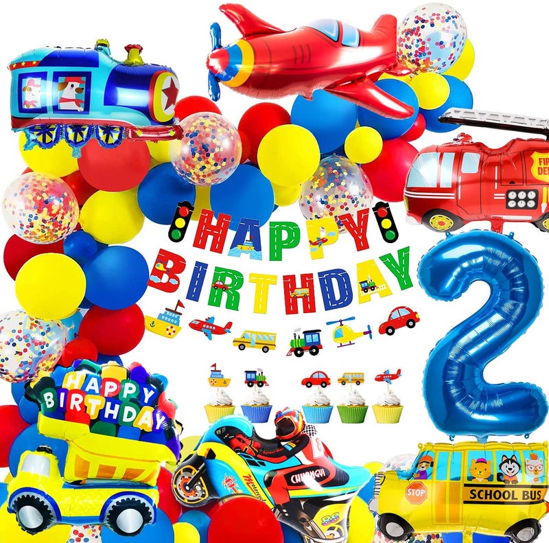 iZoeL 2nd Birthday Decorations Boy: Cars, Transport, Construction Balloons & Banners - Image 1