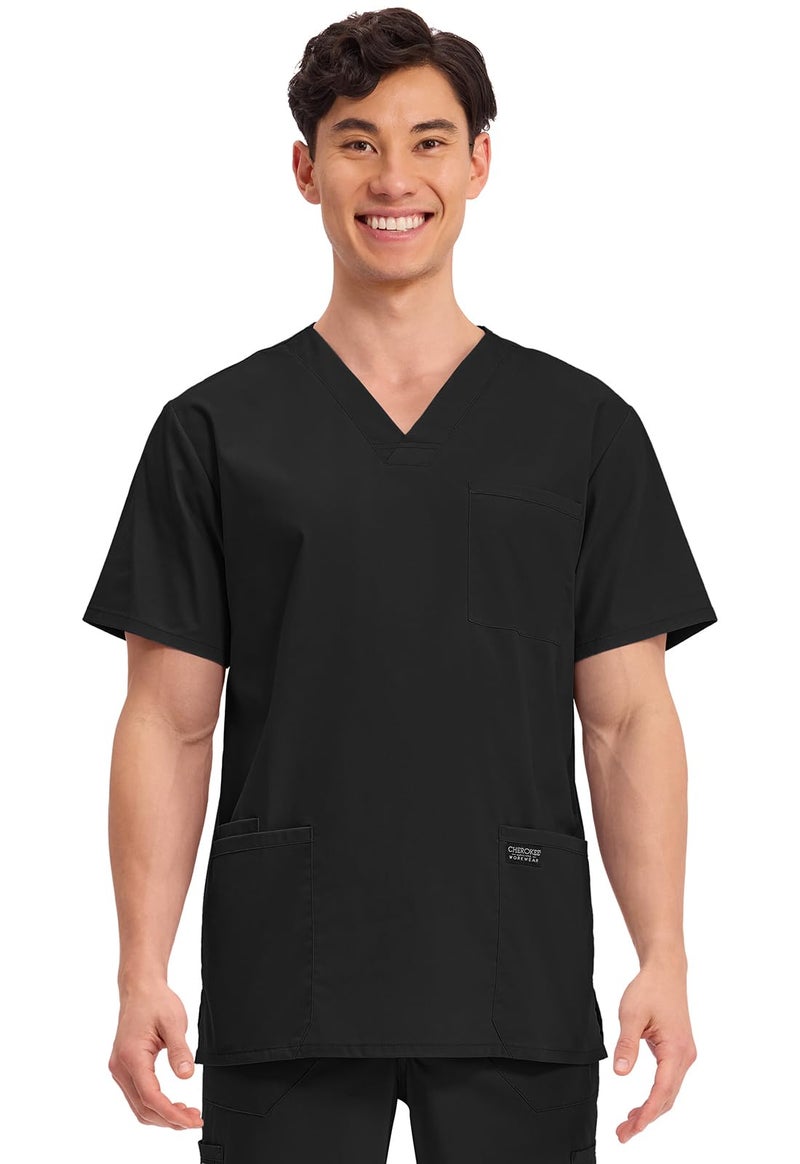 Cherokee Men's V-Neck Top Traditional fit with 4 Pockets, Ultra Soft, Durable, Fade Resistant, 2-Way Stretch Fabric Plus Size - WW695, 2XL, Black
