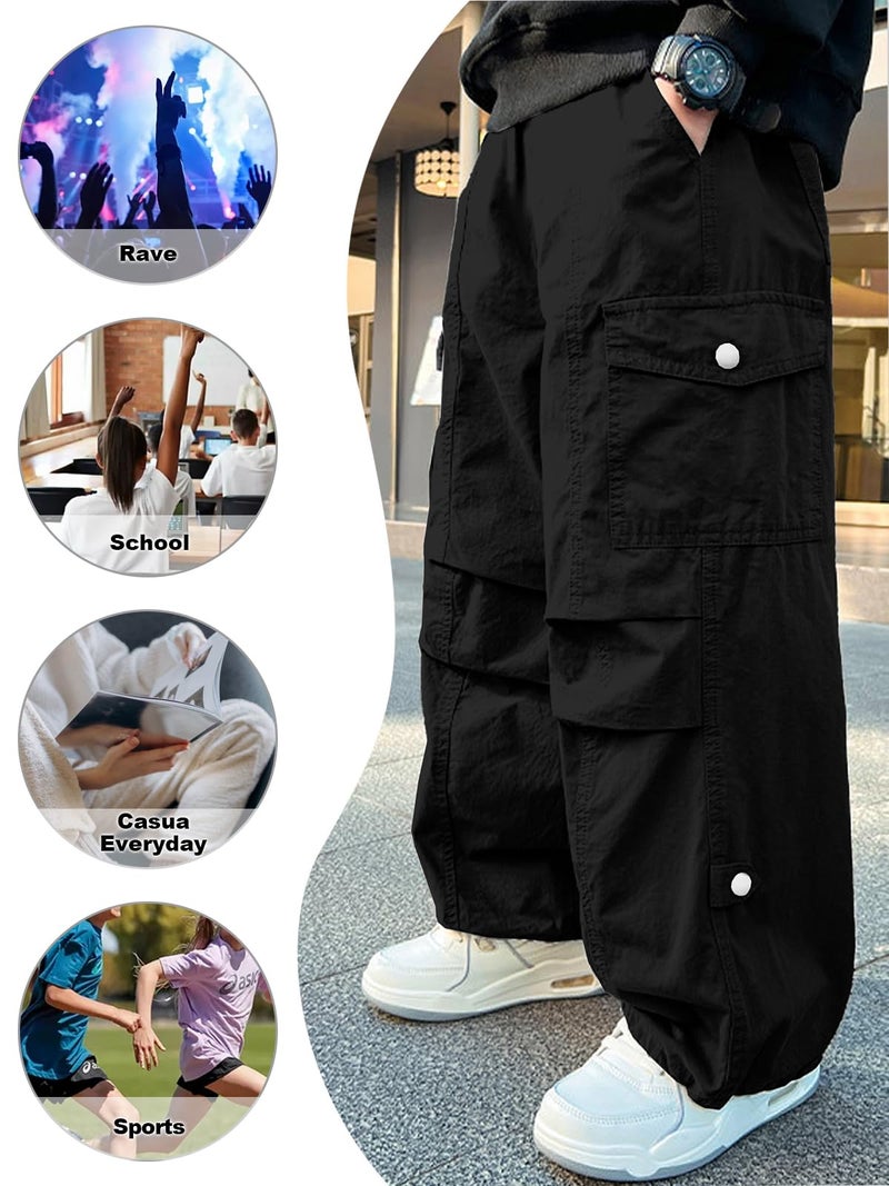 SANGTREE Boy's Drawstring Waist Streetwear Baggy Cargo Pants, Black, 13-14 Years = Tag 170 - Image 5