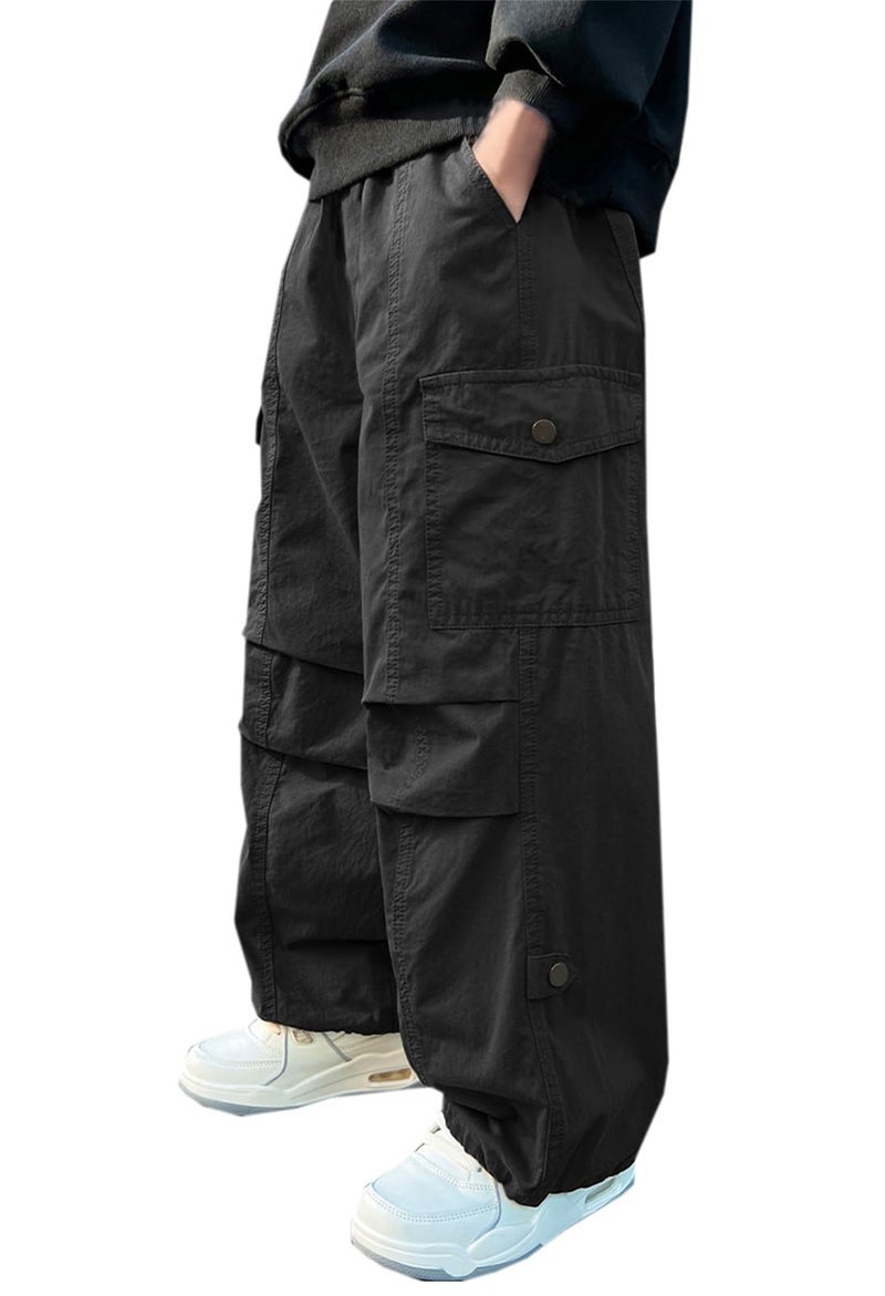 SANGTREE Boy's Drawstring Waist Streetwear Baggy Cargo Pants, Black, 13-14 Years = Tag 170 - Image 1