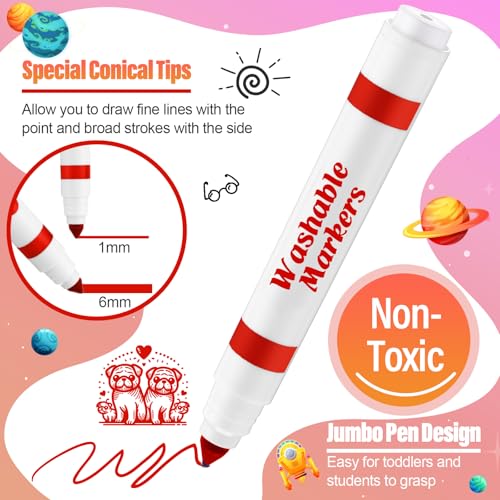 Janlaugh 24 Pcs Washable Markers Bulk Broad Line Markers Coloring Conical Tip Large pens for art projects Teachers Party Favors DonationsRed - Image 5