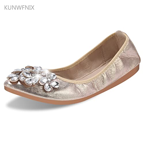 KUNWFNIX أحذية باليه نسائية كُن ويفنكس مزينة بالأحجار اللامعة، أحذية زفاف باليرينا قابلة للطي، مريحة ولامعة، أحذية مسطحة سهلة الارتداء - Image 2