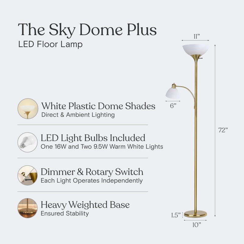 Brightech Sky Dome Plus LED Floor lamp, Torchiere Super Bright Floor Lamp with Reading Lamp for Living Rooms & Offices - Dimmable Tall Standing Lamp for Bedroom Reading - Gold Brass - Image 5