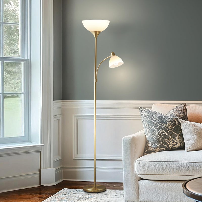 Brightech Sky Dome Plus LED Floor lamp, Torchiere Super Bright Floor Lamp with Reading Lamp for Living Rooms & Offices - Dimmable Tall Standing Lamp for Bedroom Reading - Gold Brass - Image 1