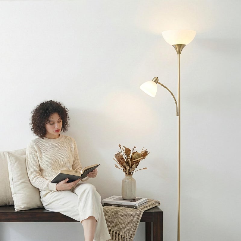 Brightech Sky Dome Plus LED Floor lamp, Torchiere Super Bright Floor Lamp with Reading Lamp for Living Rooms & Offices - Dimmable Tall Standing Lamp for Bedroom Reading - Gold Brass - Image 2