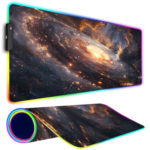Armanza RGB Gaming Mouse Pad, Large Mousepad with Led Light, Gaming Accessories Keyboard Pad for Desk, Non-Slip Rubber Base Big Mouse Mat for Gamer, 31.5 X 11.8 Inch, Golden Galaxy - Image 1