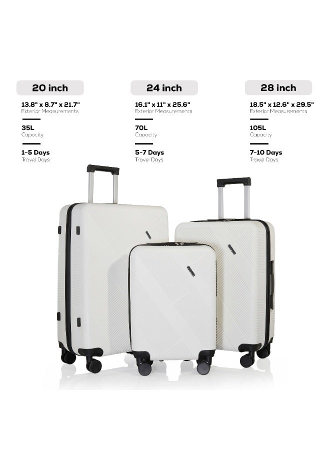 Flieger 3-Piece ABS Luggage Set (20″/24″/28″) Carry-On & Checked Suitcases, FLGR-1402 White - Image 2