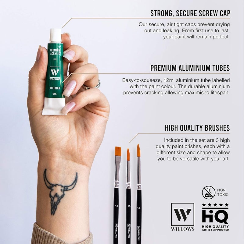 STORE 2508 Store2508 Willows Acrylic Paint Set - 24 Premium Acrylic Paint Tubes (12ml), 3 Brushes, Palette, 12 Pcs Canvas. Vibrant, Non-Toxic Pigments for Canvas, Glass, Plastic, Rocks, Arts and Crafts - Image 5