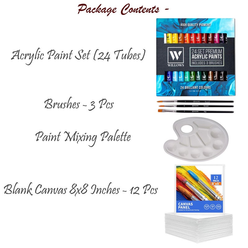 STORE 2508 Store2508 Willows Acrylic Paint Set - 24 Premium Acrylic Paint Tubes (12ml), 3 Brushes, Palette, 12 Pcs Canvas. Vibrant, Non-Toxic Pigments for Canvas, Glass, Plastic, Rocks, Arts and Crafts - Image 3