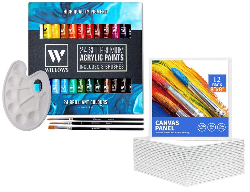 STORE 2508 Store2508 Willows Acrylic Paint Set - 24 Premium Acrylic Paint Tubes (12ml), 3 Brushes, Palette, 12 Pcs Canvas. Vibrant, Non-Toxic Pigments for Canvas, Glass, Plastic, Rocks, Arts and Crafts - Image 1