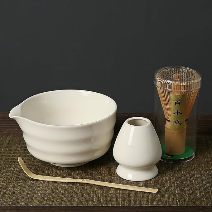 MostNow 4Pcs Matcha Tea Set Whisk Set Set Kit Kit Bowl With SpoutWhisk Stand Bamboo Matcha Whisk And Bamboo Matcha Spoon For Tea Lovers White - Image 4