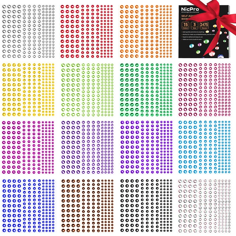 Rhinestone Stickers 2475 PCS Nicpro Self Adhesive Face Gems Stick on Body Jewels Crystal in 3 Size 15 Colors15 Embellishments Sheet for Decorations Crafts Nail Makeup