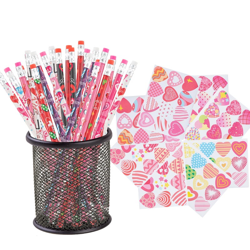 Jocomoni 36pcs Valentines Day Pencil with 8 Sheets Heart Sticker Assorted Valentines Stationery Pencil for Valentine's Day Goodie Bag Filler Gift Prize Party Favor Classroom Reward - Image 1