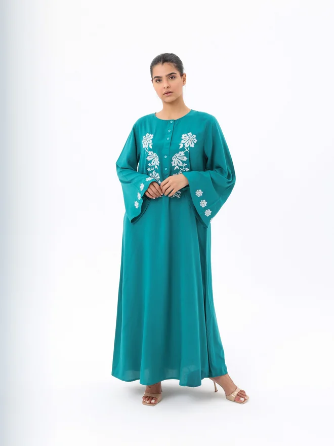 Elena By DStyle Green Embroidered Flare Sleeve Modest Dress