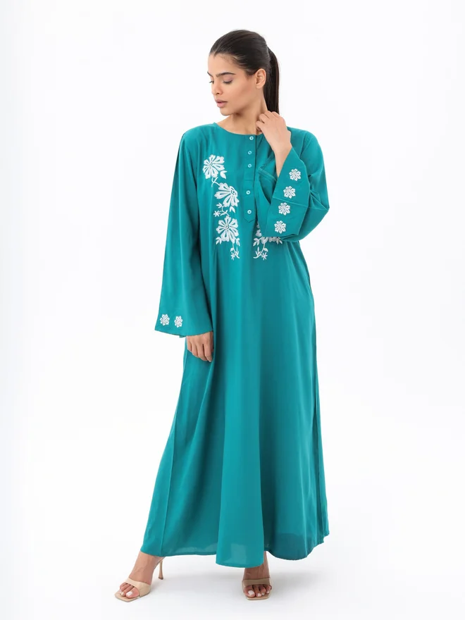 Elena By DStyle Green Embroidered Flare Sleeve Modest Dress