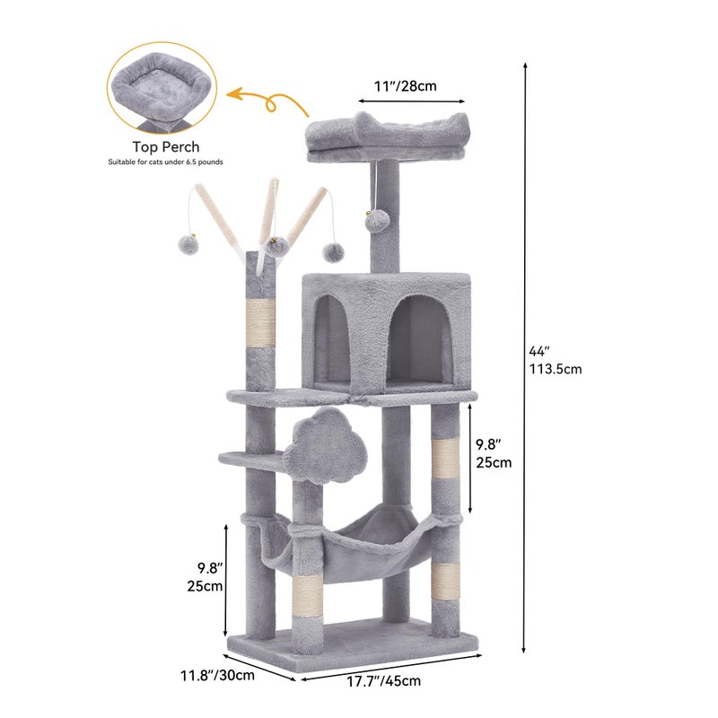 YITAHOME 44in Cat Tree Tower Indoor, Multi-Level Cat Condo with Scratching Posts, Cat Window Padded Plush Perch, Cozy Hammock, Funny Pompoms for Kittens Pet Play House, Light Gray - Image 2