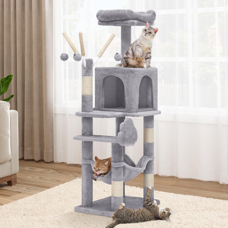 YITAHOME 44in Cat Tree Tower Indoor, Multi-Level Cat Condo with Scratching Posts, Cat Window Padded Plush Perch, Cozy Hammock, Funny Pompoms for Kittens Pet Play House, Light Gray - Image 1