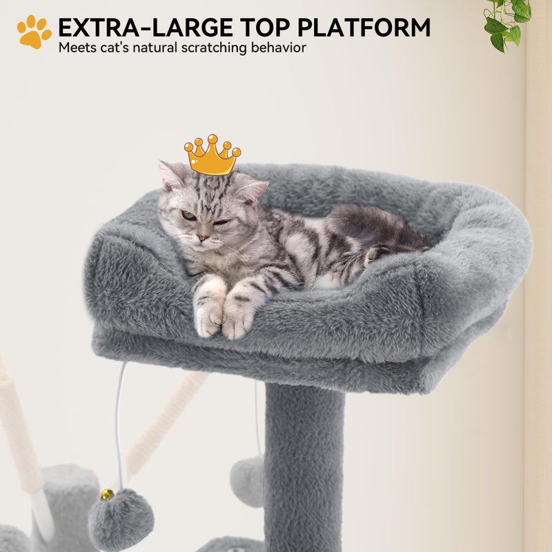 YITAHOME 44in Cat Tree Tower Indoor, Multi-Level Cat Condo with Scratching Posts, Cat Window Padded Plush Perch, Cozy Hammock, Funny Pompoms for Kittens Pet Play House, Light Gray - Image 5
