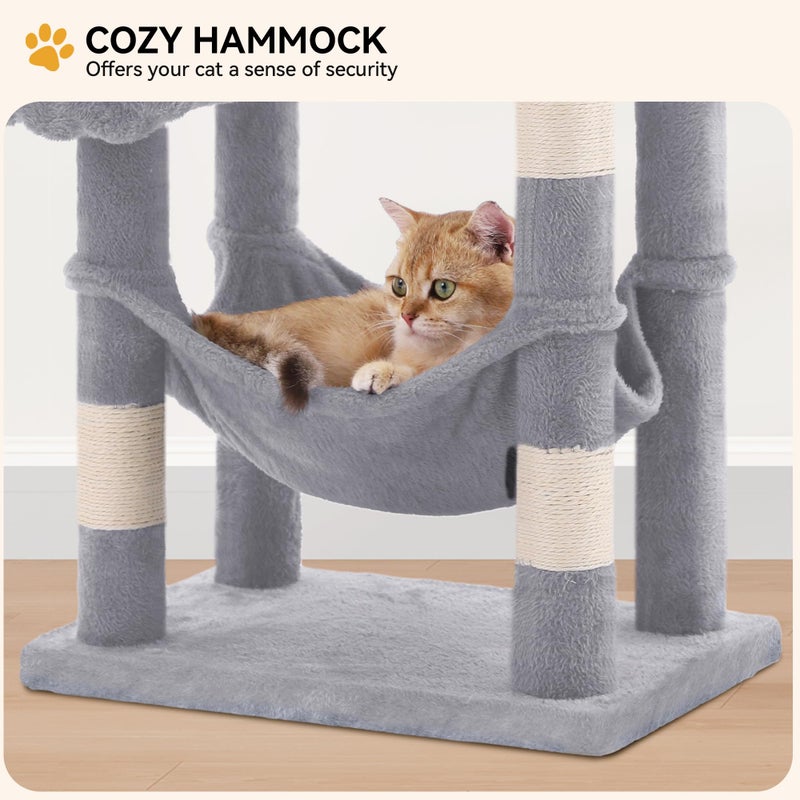 YITAHOME 44in Cat Tree Tower Indoor, Multi-Level Cat Condo with Scratching Posts, Cat Window Padded Plush Perch, Cozy Hammock, Funny Pompoms for Kittens Pet Play House, Light Gray - Image 4