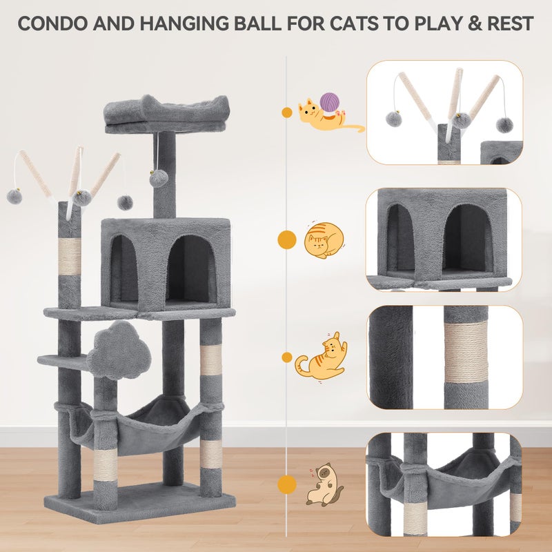 YITAHOME 44in Cat Tree Tower Indoor, Multi-Level Cat Condo with Scratching Posts, Cat Window Padded Plush Perch, Cozy Hammock, Funny Pompoms for Kittens Pet Play House, Light Gray - Image 3