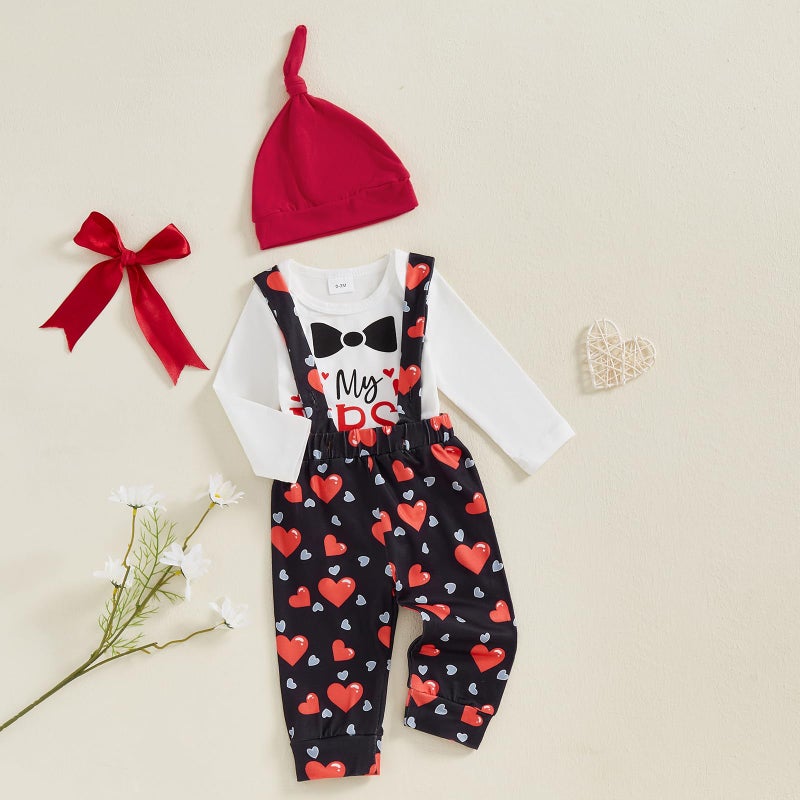 BeQeuewll Valentines Newborn Baby Boy 3Pcs Clothes Infant Long Sleeve Romper Cute Pattern Suspender Pants Overalls Outfits (First Valentine, 6-9 Months) - Image 2