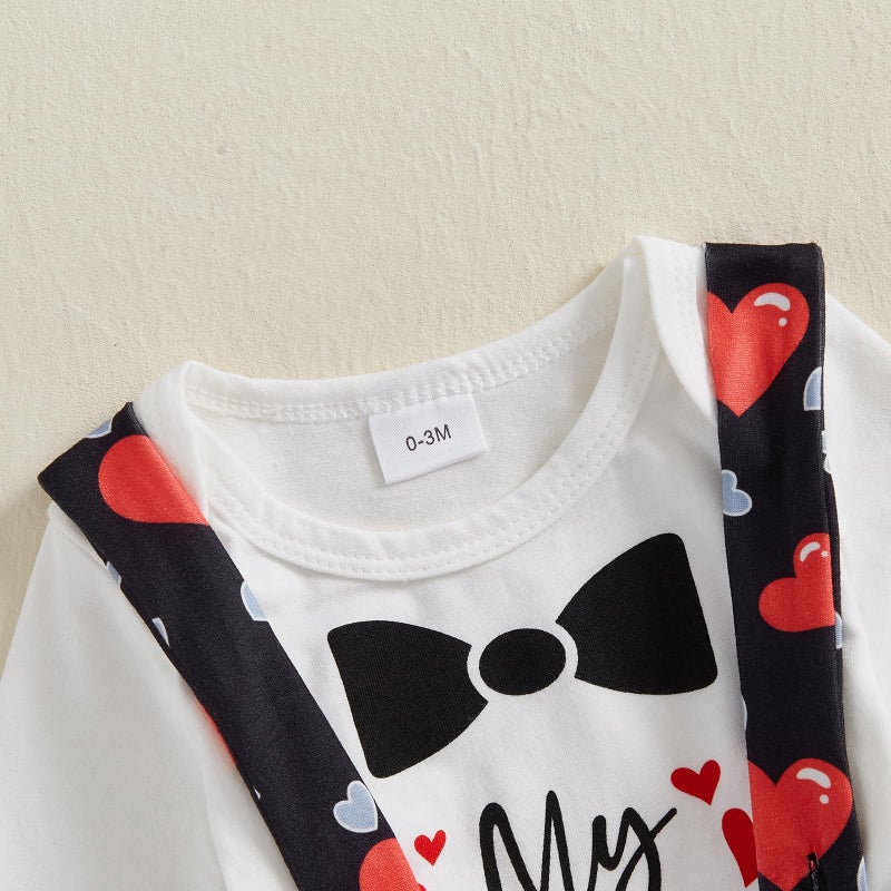 BeQeuewll Valentines Newborn Baby Boy 3Pcs Clothes Infant Long Sleeve Romper Cute Pattern Suspender Pants Overalls Outfits (First Valentine, 6-9 Months) - Image 4
