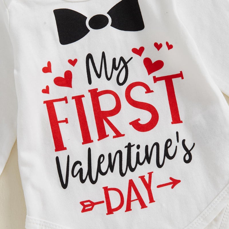 BeQeuewll Valentines Newborn Baby Boy 3Pcs Clothes Infant Long Sleeve Romper Cute Pattern Suspender Pants Overalls Outfits (First Valentine, 6-9 Months) - Image 5