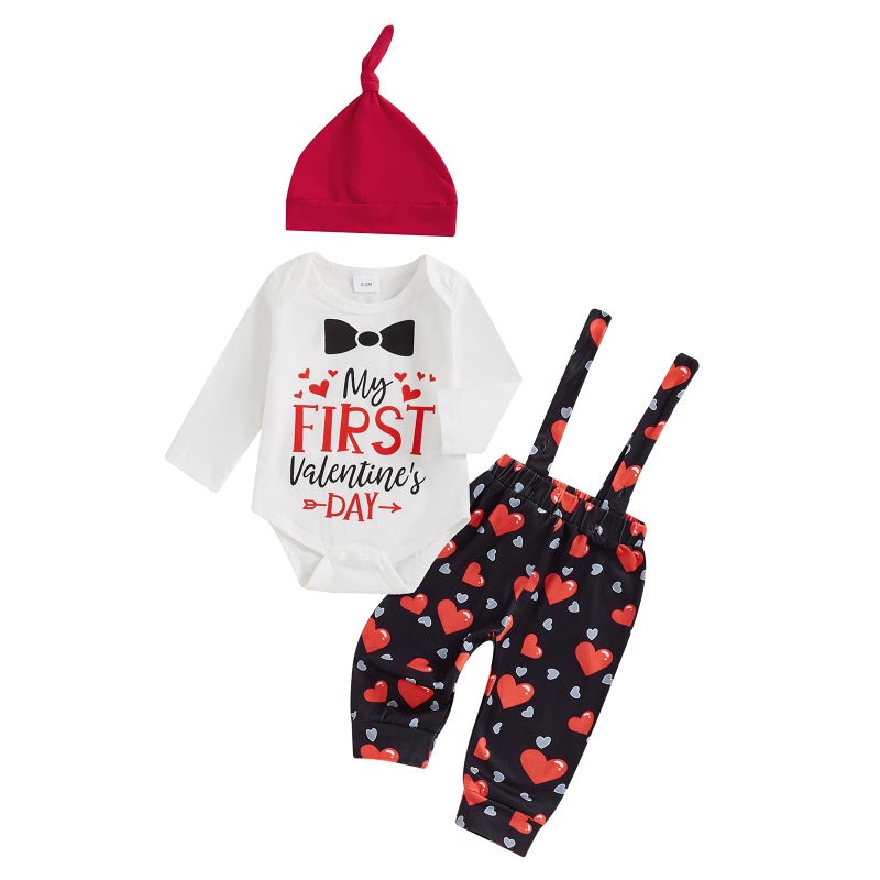 BeQeuewll Valentines Newborn Baby Boy 3Pcs Clothes Infant Long Sleeve Romper Cute Pattern Suspender Pants Overalls Outfits (First Valentine, 6-9 Months) - Image 1