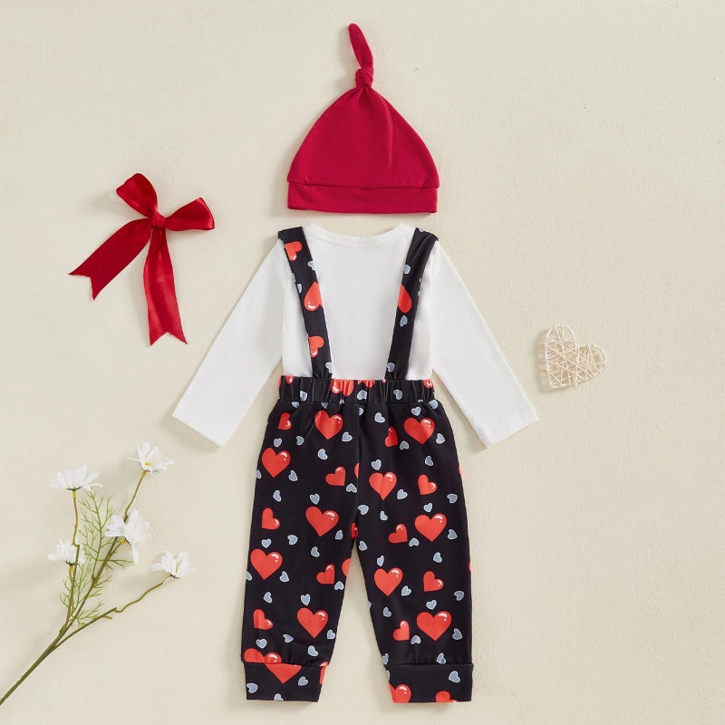BeQeuewll Valentines Newborn Baby Boy 3Pcs Clothes Infant Long Sleeve Romper Cute Pattern Suspender Pants Overalls Outfits (First Valentine, 6-9 Months) - Image 3